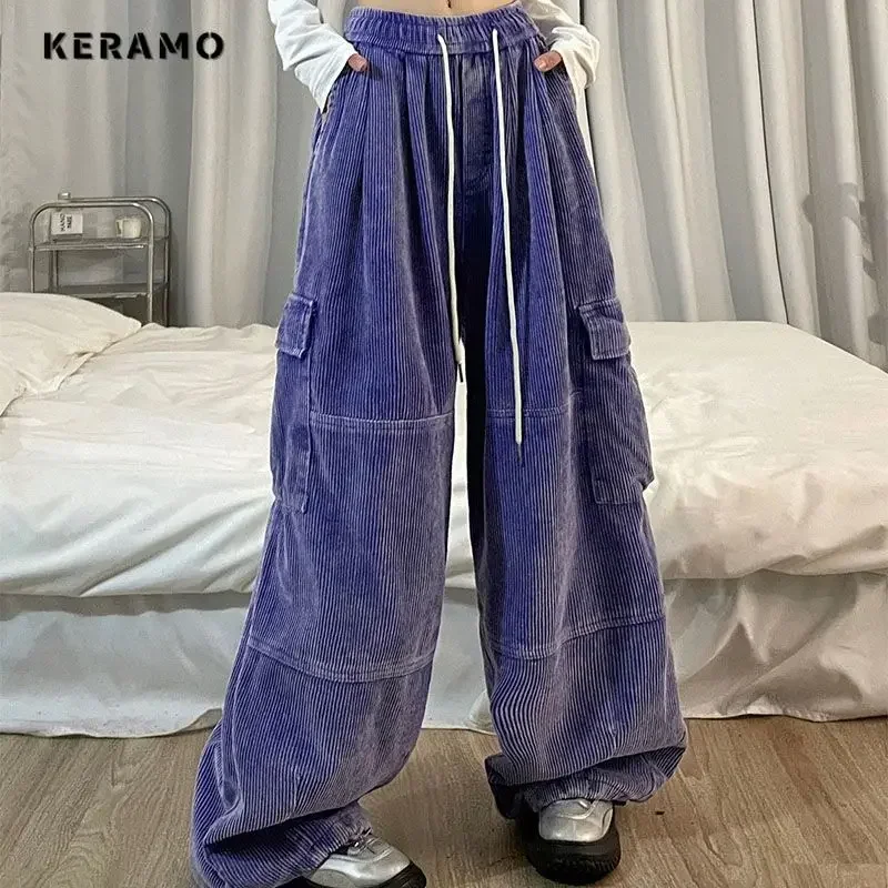 American Retro High Street Casual Overalls Solid Purple Loose Wide Leg Pants Women Y2k Hip-hop Drawstring Cargo Grunge Trouser