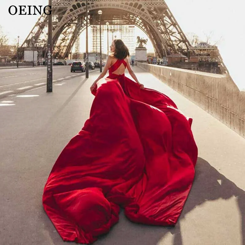 OEING Red A-Line Prom Dress Elegant V Neck Celebrity Evening Dresses Wedding Party Gown Long Train Vestidos De Fiesta Customized