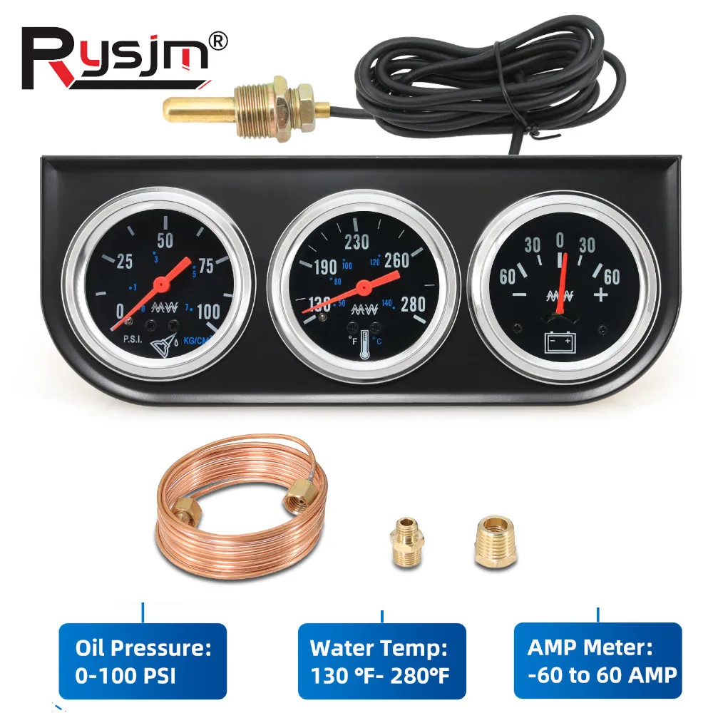 

Новый комплект тройного манометра, хромированная панель, манометр давления масла, датчик температуры воды, измеритель AMP, автомобильный счетчик с черным лицом, 0-100PSI, 150PSI