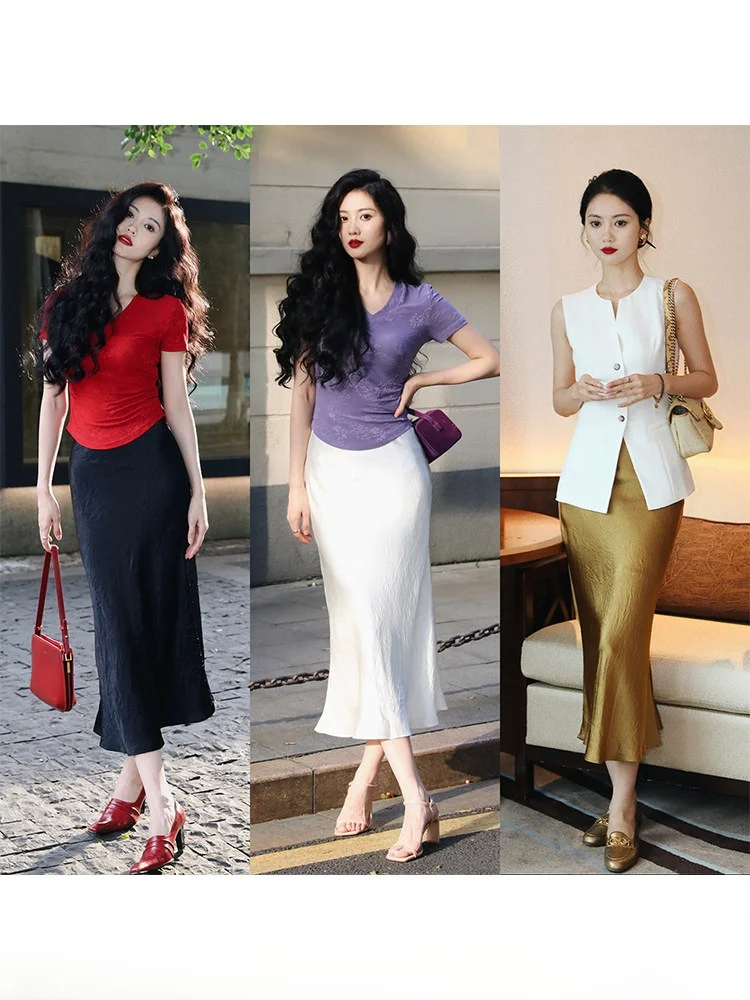 

TAIYANG Chinese Style Half Skirt Women's Fish Tail Waist Cinched Acetate Pleated Golden Color High Quality Elegant Skirt