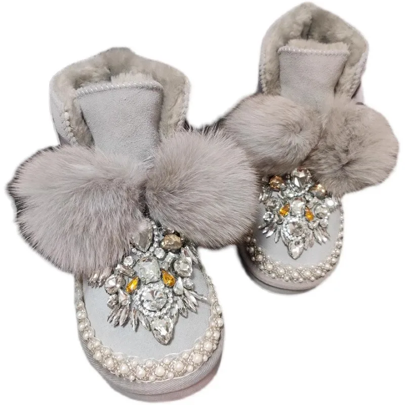 Botas de nieve con diamantes de imitación para mujer, botines con cordones y purpurina de varias piedras preciosas, suela gruesa de piel de felpa, en el interior sin cordones, Invierno