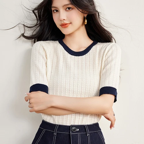 2024 여성용 반팔 라운드넥 티셔츠, 심플한 패션, 펀칭 니트 상의, 캐주얼 다목적, 여름 신상 