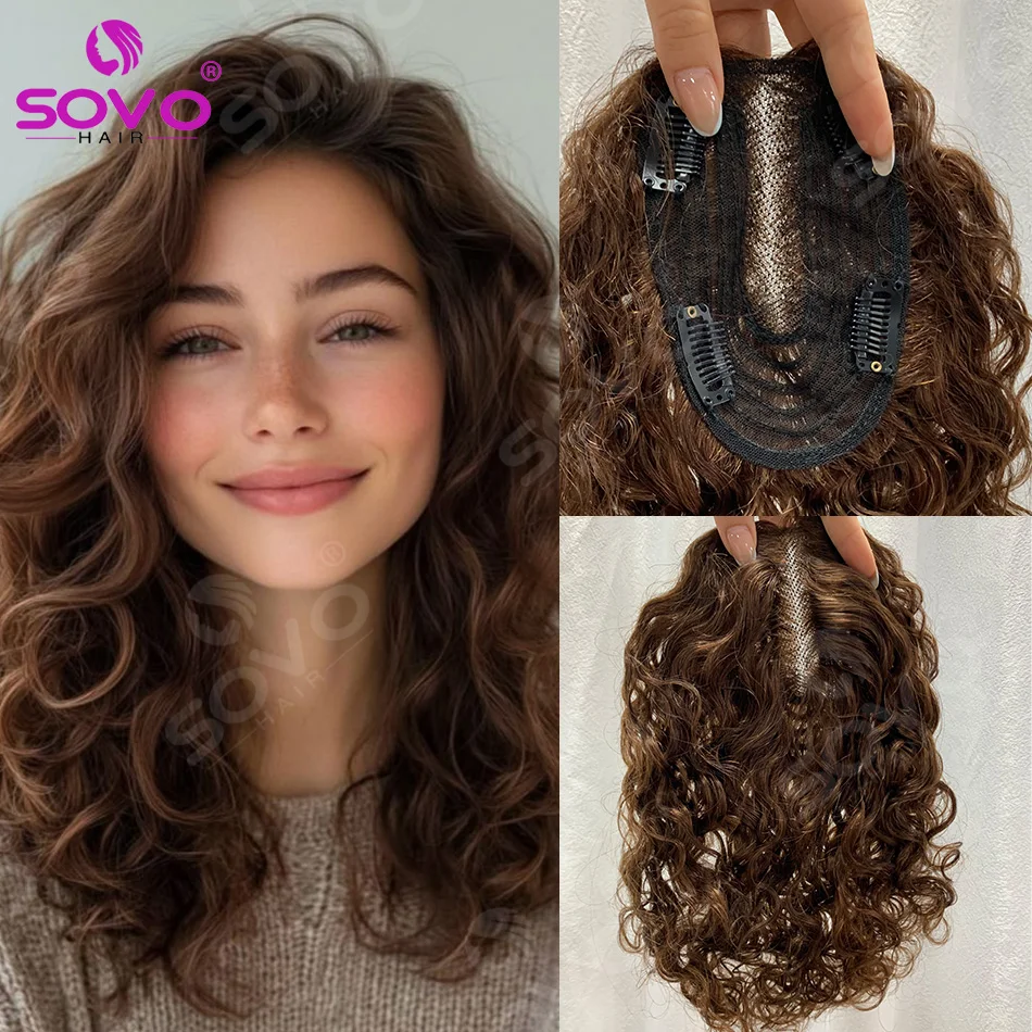 9*14cm Mono Base Echthaar-Topper 30cm Body Wave Clip-In mit Pony Unsichtbares Nahtloses Haarteil für Frauen mit dünner werdendem Haar