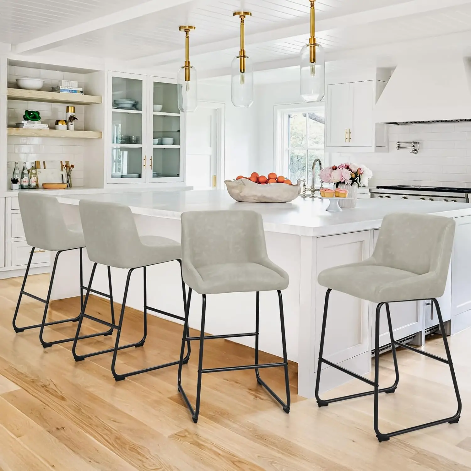 

26 Inch Counter Height Bar Stools Set of 3, Faux Leather Upholstered Barstools, Barstool with Back, Comfortable Bar Chairs, M