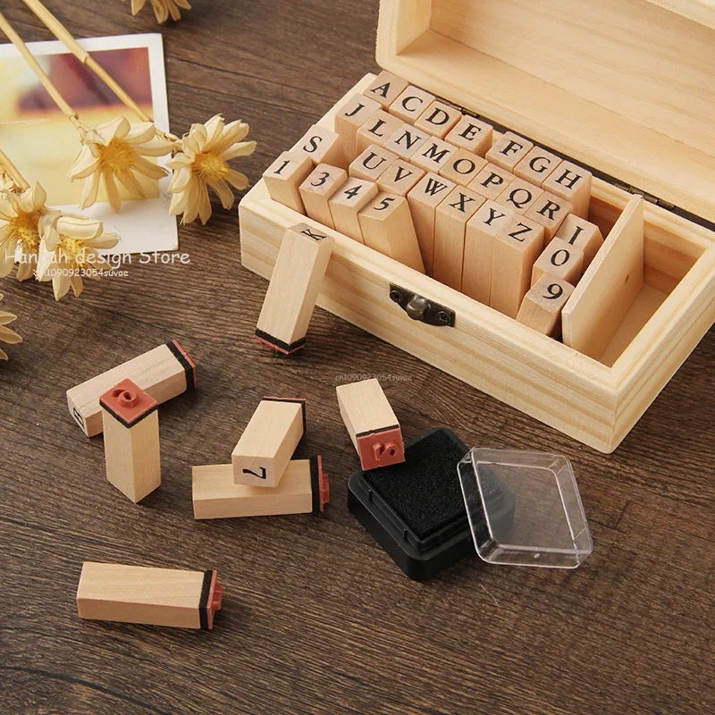 

36pcs Self Inking Number Letter Stamp School Stationery Wood Rectangle Kids Alphabet Seal Diary Decoration DIY Handmade with box