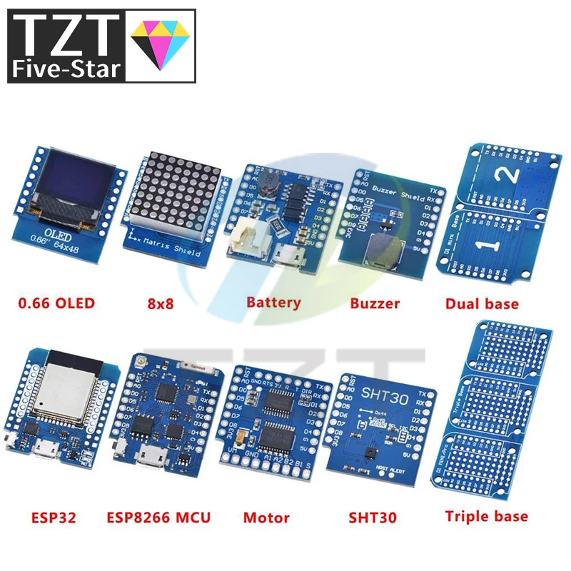 Esp8266 D1 Mini Pro Wifi Nodemcu Data Logger Shield Ds1307 Battery 0.66 Oled Dc Power Buzzer V1.0.0 Dual Base For Wemos Diy Kit