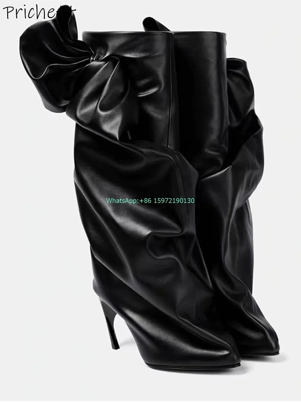 Black Pleated Butterfly Knot Boots Pointy Toe Strange Style Heels Solid Runway Boots Hotties Sexy Niche Design Stiletto Shoes