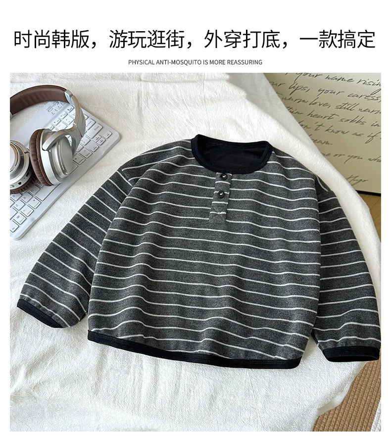 Rundhals-Streifen-T-Shirt mit Knöpfen und langen Ärmeln für Kinder, Herbst-Jungen-Basisshirt, Mädchen-Basisshirt, Baby-Winter-Oberteil, Kinder-T-Shirt – Detail 5