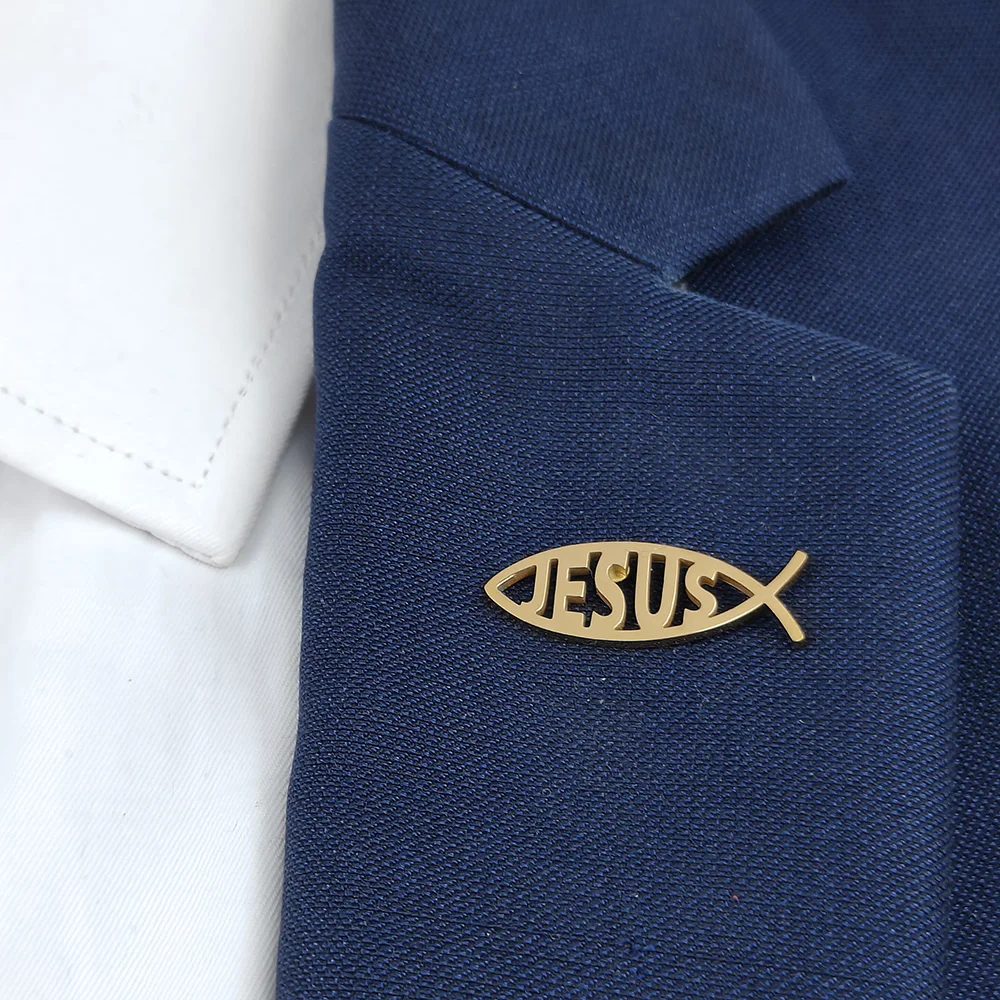 Trendy religious elements brooch Jesus fish shape JESUS ​​letter lapel pin, clothing bag decoration, popular religious jewelry