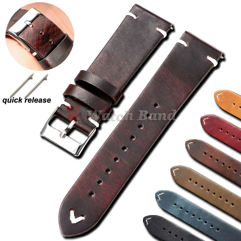 18 مللي متر 20 مللي متر 22 مللي متر سوار الإفراج السريع النفط الشمع خياطة جلد البقر حزام لأوميغا ل Seiko خمر الجلود حزام (استيك) ساعة