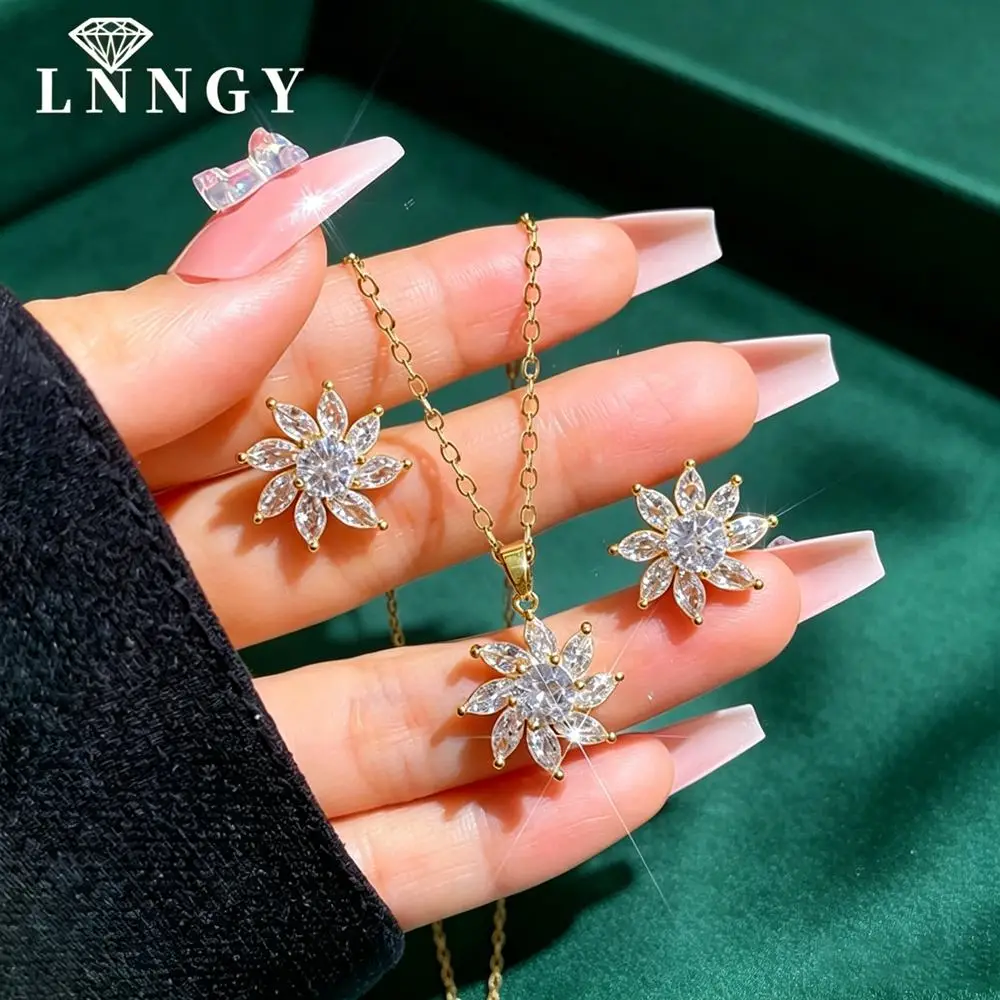 

Lnngy Certified Moissanite Diamond Stud Earring Necklace Jewelry Set For Women 14K Gold Filled Three Flower Pendant Necklaces