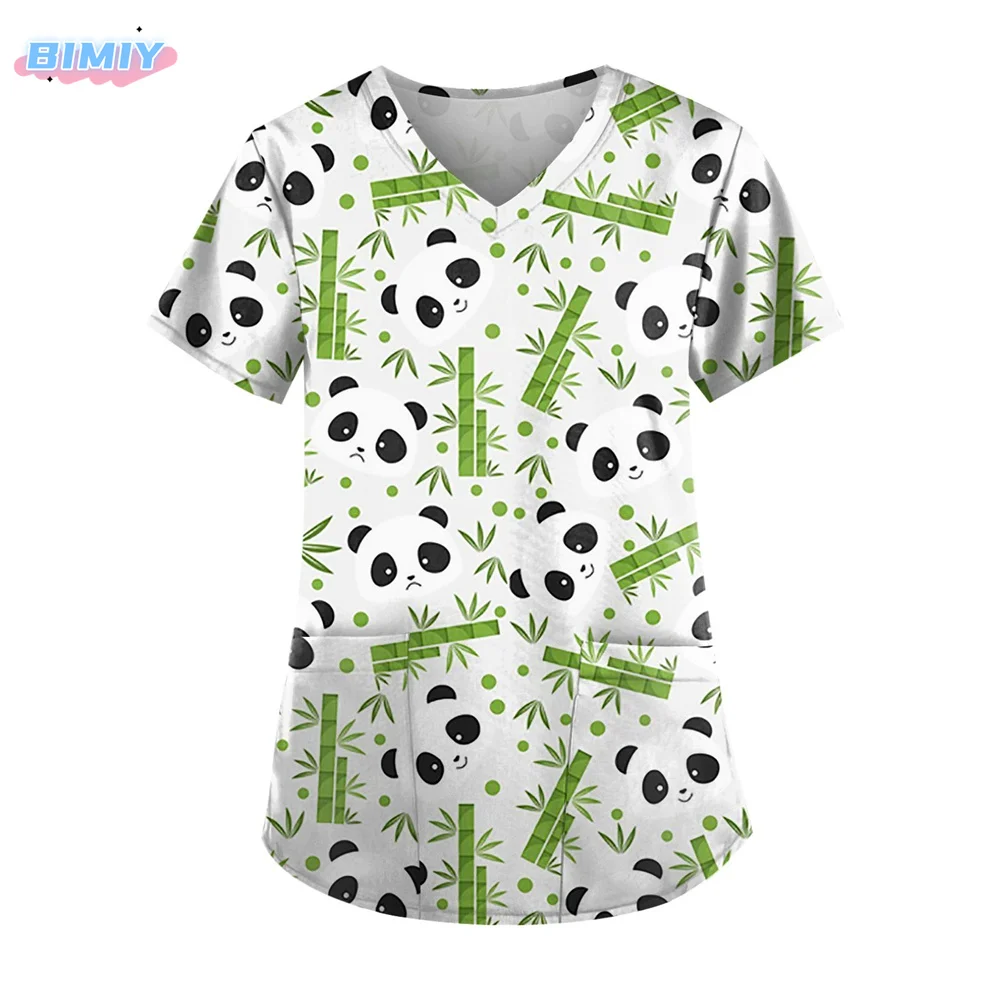 

2024 Tops Women Scrub Short Sleeve V Neck Blouse Nurse Work Uniform T Shirt Cute Pandas Bamboo Print Graphic Nursing Clothes