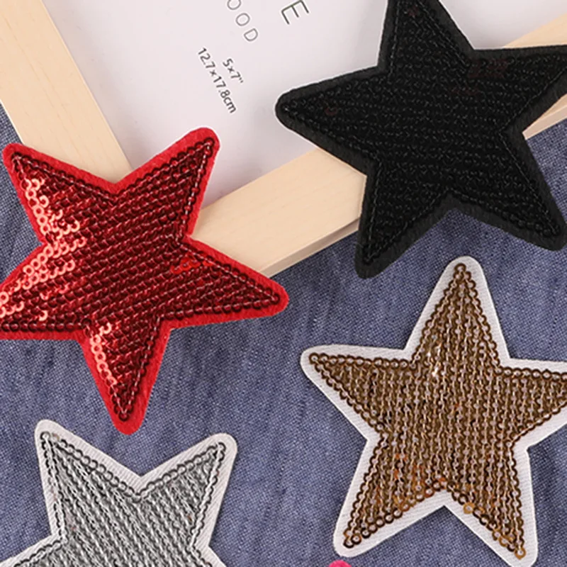 2PCS Sequin Pentagram Iron on Sewing Stickers Gold Silver Red Black Bling Star Embroidered Patches Garment  Backpack Decoration