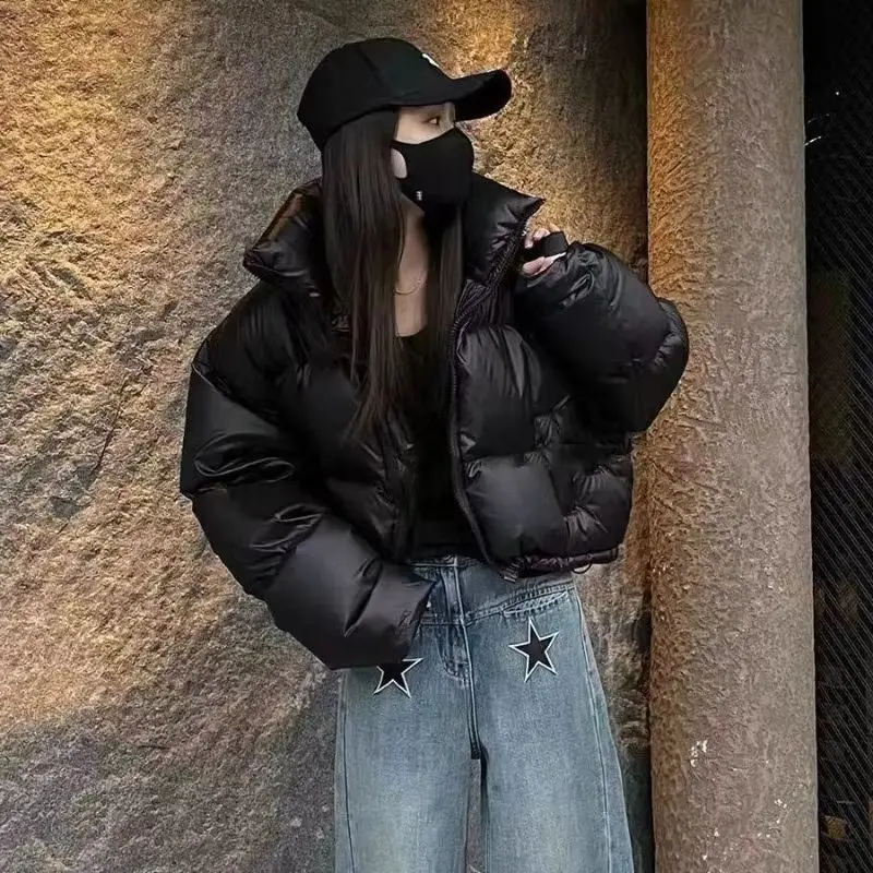 American Fashion New 2025 Cotton Jacket Women's Short Style Loose and Thick Stand Up Collar Solid Color Western-style Parkas