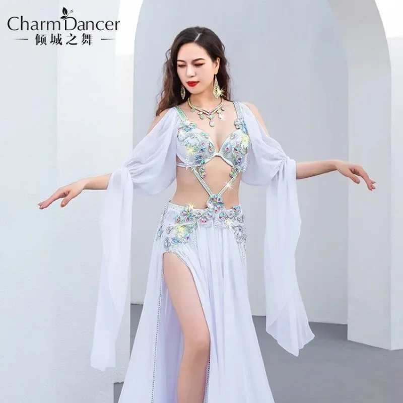 Luxury Belly Dance Costume Elegant Lady Festival Outfit Rhinestone Long Sleeve Top Long Spilt Skirt Oriental Stage Rave Outfit