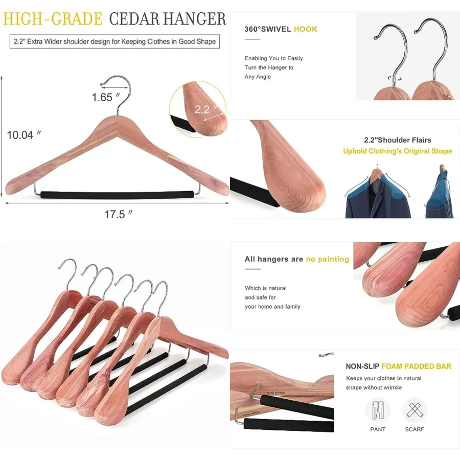 

Unfinished American Red Cedar Wood Coat Suit Hangers, Luxury Wooden Jacket Clothes Hangers, Wide Shoulder with Black Padded Pan