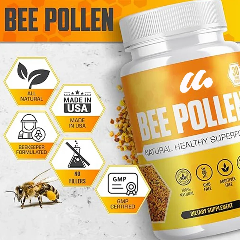 100% Natural Bee Pollen Granule Capsules, Vitamin B, Antioxidants, Minerals, Enzymes, Proteins, Amino Acids