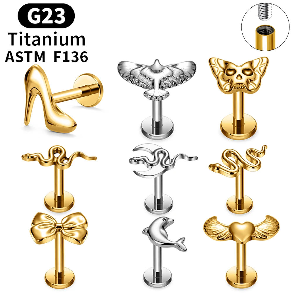 G23 Titanium Snake Dolphin Labret Lip Stud Cartilage Tragus Helix Daith Ear Studs 16G Internally Threaded Body Piercing Jewelry