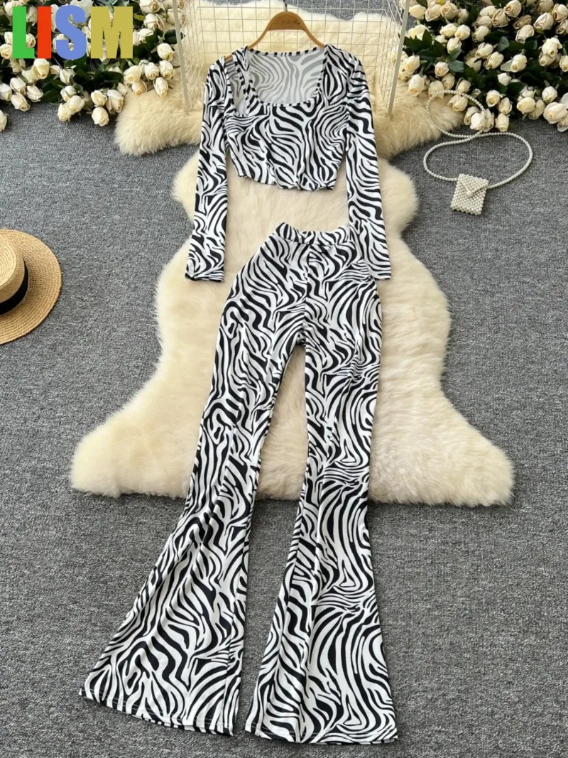 

LISM Hollowed Out Long Sleeves Exposed Navel Top and Tight Fit Bodycon Flared Pants Zebra Print Two-piece Set winter outfit