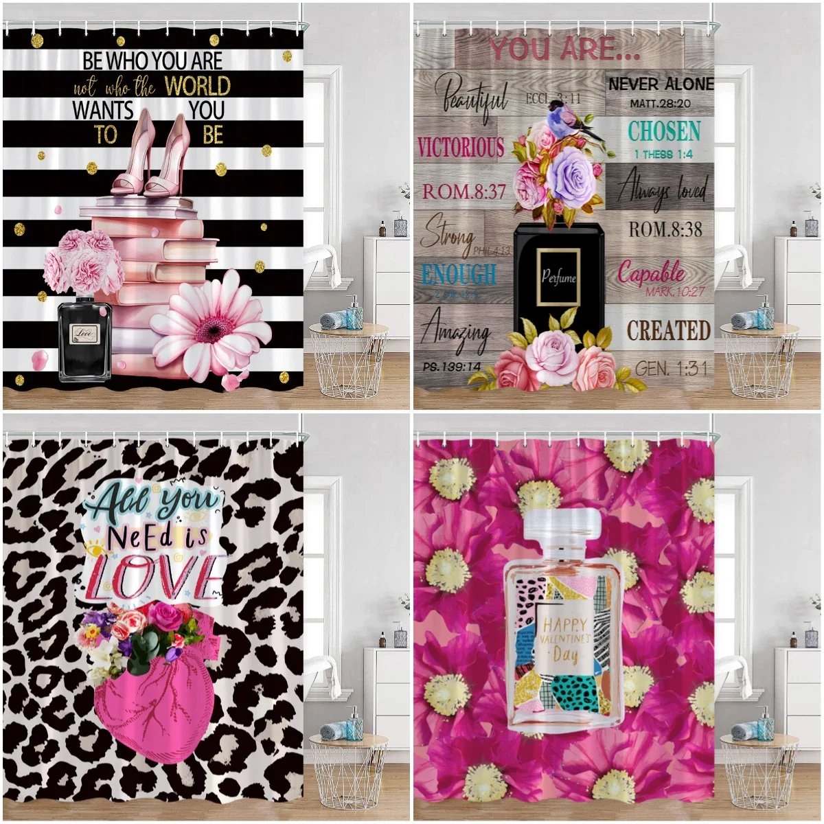 Pink Perfume Shower Curtains Cosmetic Lipsticks Red Lips Flower Panther Pattern Bathroom Decorations Polyester Bath Curtain