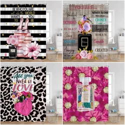 Pink Perfume Shower Curtains Cosmetic Lipsticks Red Lips Flower Panther Pattern Bathroom Decorations Polyester Bath Curtain