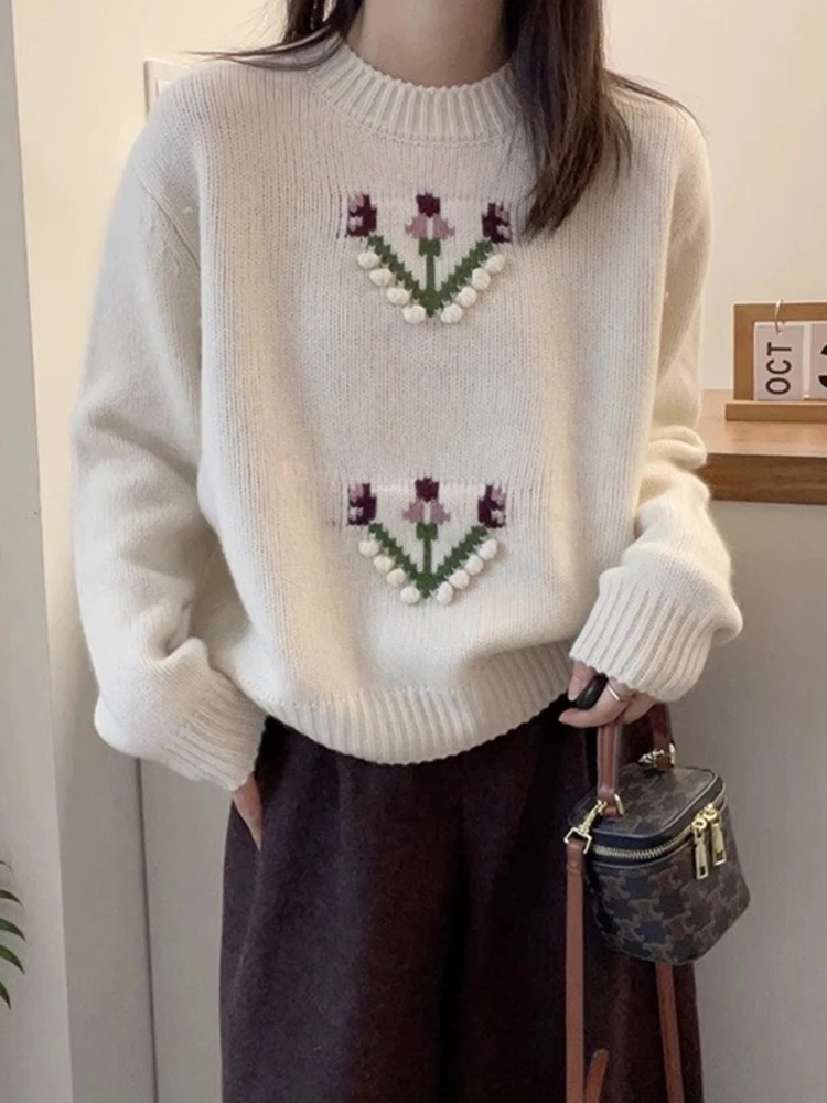 Zwaar borduurwerk bloemen wol gebreide trui herfst faion losse afslankbasis irt comfortabele zachte gezellige overhead trui