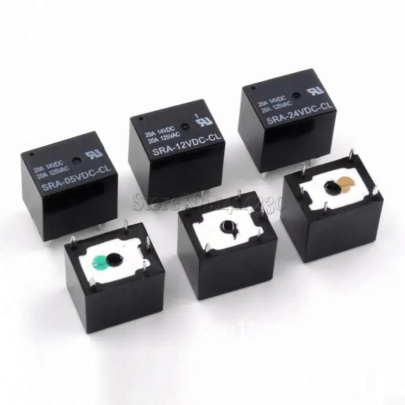 100Pcs 5V 12V 24V 20A DC Power Relay SRA-05VDC-CL SRA-12VDC-CL SRA-24VDC-CL 5Pin PCB Type In stock Black Automobile relay