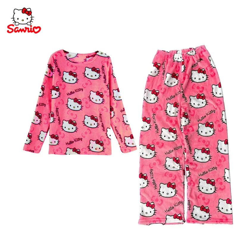 Sanrio Hello Kitty Flannel Pajama Suit Cute Kitty Cat Household Clothes Warm Pajama Suits Thicken Casual Winter Pajamas