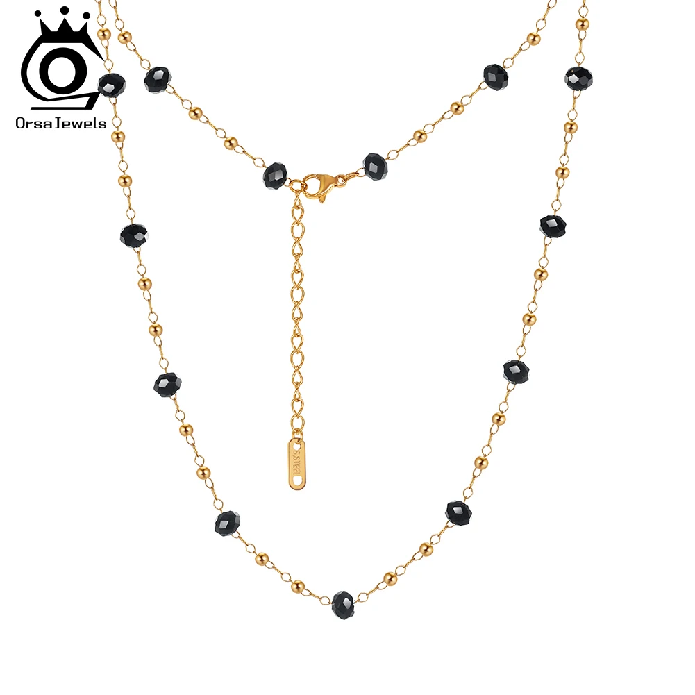 

ORSA JEWELS Fashion Stainless Steel Black Crystal Necklace 18K Gold Plated Choker Chain For Women Personalize Jewelry STMN05
