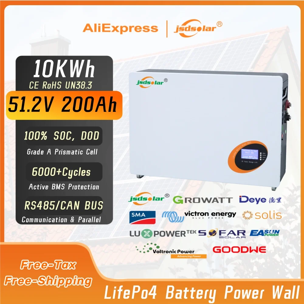 jsdsolar 48V 200Ah LiFePO4 Battery 10KWh Power Wall  200A BMS 6000+ Cycles Parallel CAN BUS RS485 Solar Energy Storage Power