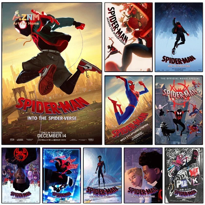 Spider‑Man Into The Spider‑Verse Canvas Wall Art Poster Set, Animated Movie Art Print, Unframed Canvas Painting for Home Bedroom