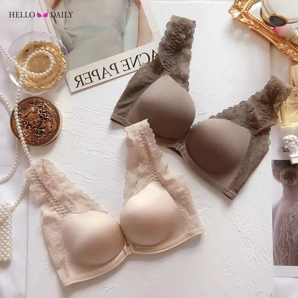 Front Closure Sexy Push Up Bra for Women  Underwear Anti-sagging Lace Side  Beautiful Back  Seamless Front Button-type Bralette