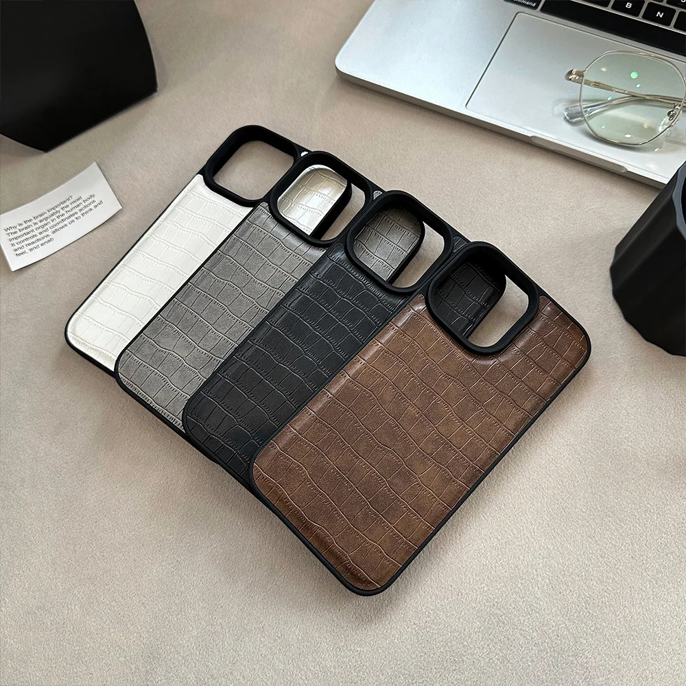 Crocodile Pattern Luxury Black Frame Phone Cases for iPhone 16 15 14 13 12 Pro Max Plus Leather Phone Case Cover