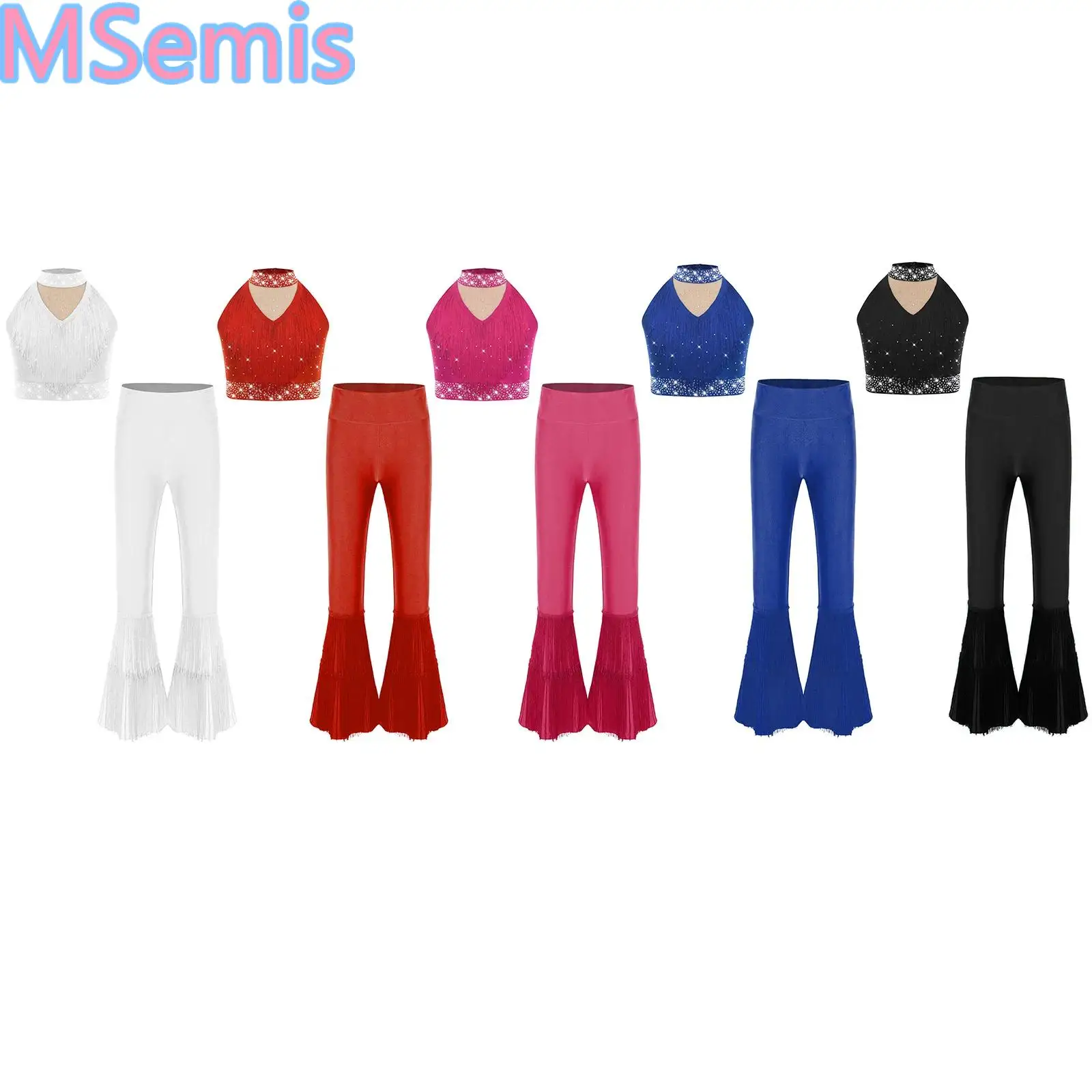 

Girls Latin Rumba Samba Dance Outfit Ballroom Dance Costume Sleeveless Rhinestones Dance Vest with Tassel Bell-Bottom Pants Sets