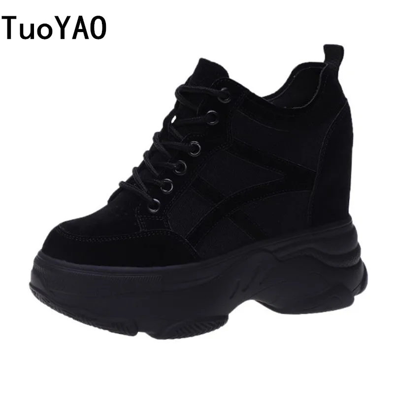 Baskets en cuir à plateforme pour femmes, chaussures noires décontractées, talons de 11CM, respirantes, rehaussantes, nouvelle collection automne