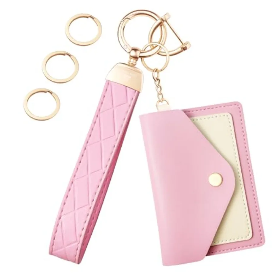 

Leather Wristlet KeychainWrist Keychain Car Key Chain with 3 Key Rings D Ring and Slim Wallet