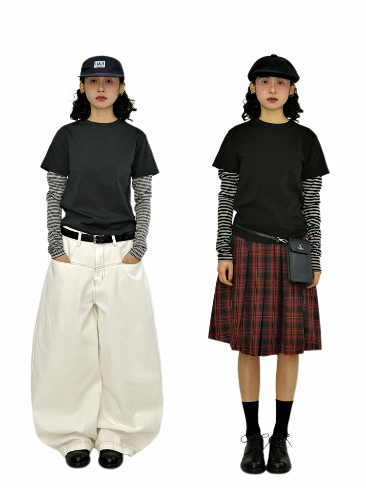 

Футболка GuluOh в ретро-американском стиле с длинным рукавом, в полоску, приталенная, с эффектом двухслойности, в стиле колор-блок, универсальная, для весны