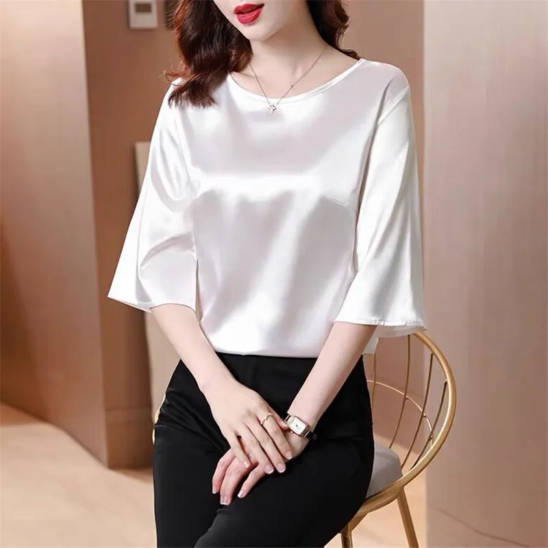 2024 Spring and Autumn New All-match O-neck Three-quarter Flared Sleeve Acetate Satin Blouse tops Basic simple ice silk shirts