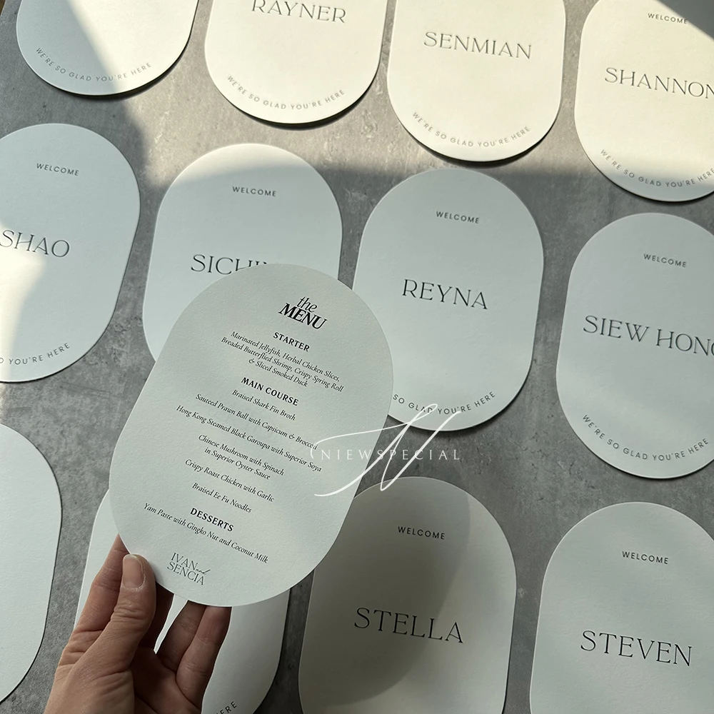 Menú de boda ovalado personalizado y tarjetas de nombre de invitado: tarjetas de lugar de recepción minimalistas modernas para mesas de cena, menús de doble arco