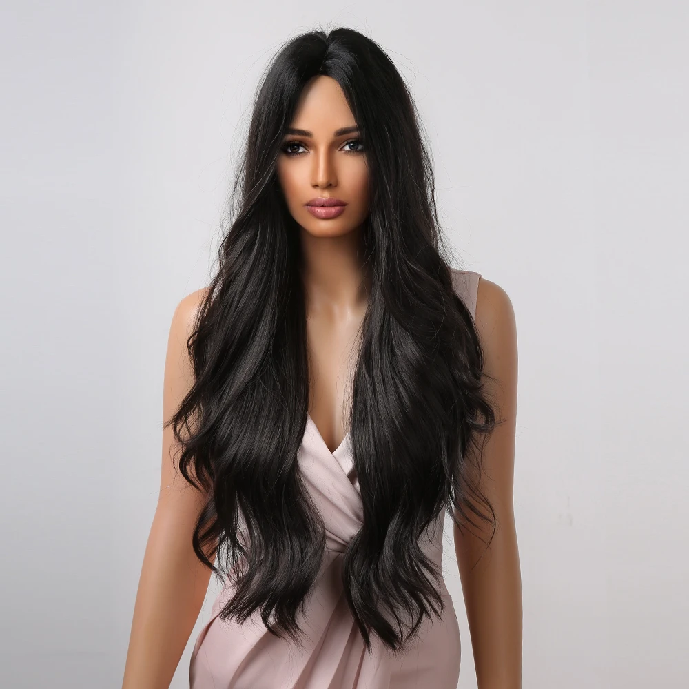 باروكة صناعية سوداء طويلة مموجة بالجزء الأوسط للنساء تستخدم شعر طبيعي للحفلات اليومية ألياف مقاومة للحرارة