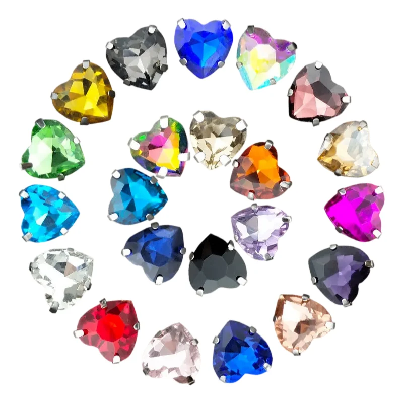 New Heart Shape Glass Sew On Rhinestones With Siver Claw Sew on Stone Crystal for Clothing Accessories Shoes DIY