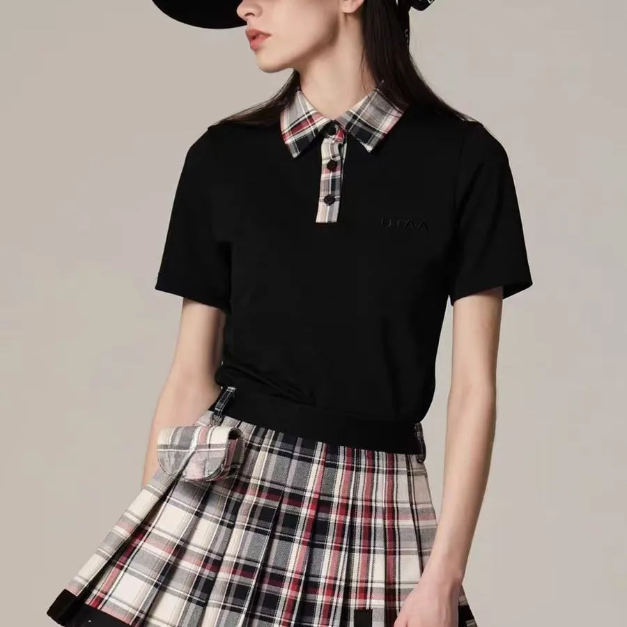

Women's Summer Golf Set: Checkered Polo Shirt + Pleated Skirt with Waist Pouch (Modest Sports Skirt Set)
