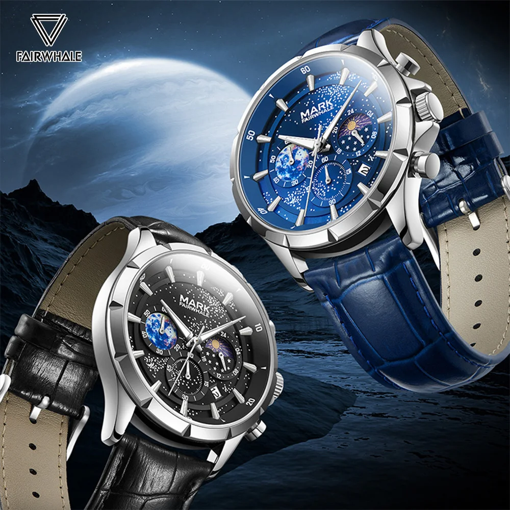 Top Luxury Mens Watches Mark Fairwhale Fashion Starry Sky Luminous Watches Man Business Phase Moon WristWatch Gift Reloj Hombre