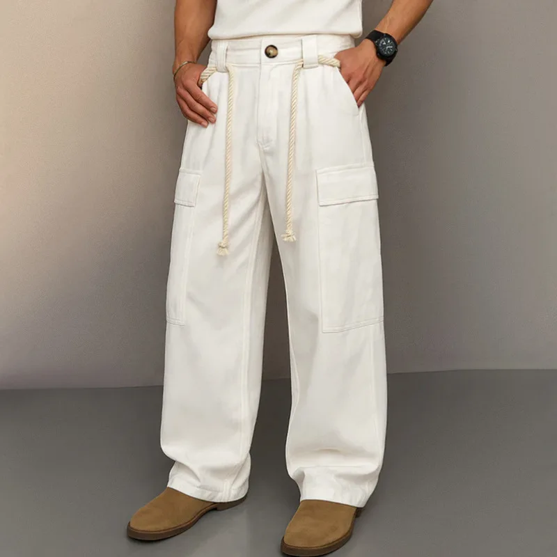 

Мужские уличные брюки-карго, однотонные повседневные брюки с несколькими карманами и прямыми штанинами на шнурке, повседневная одежда