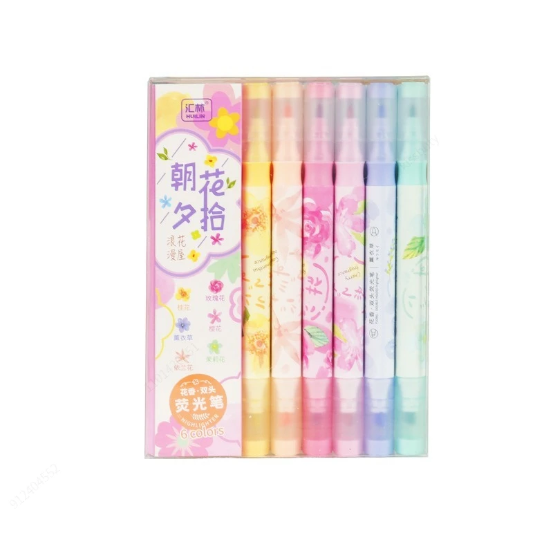 6pc/set Double Head Pastel Color Fragrance Highlighter Kawaii Stationery Color Marker School Supplies Marker Japanese Stationery
