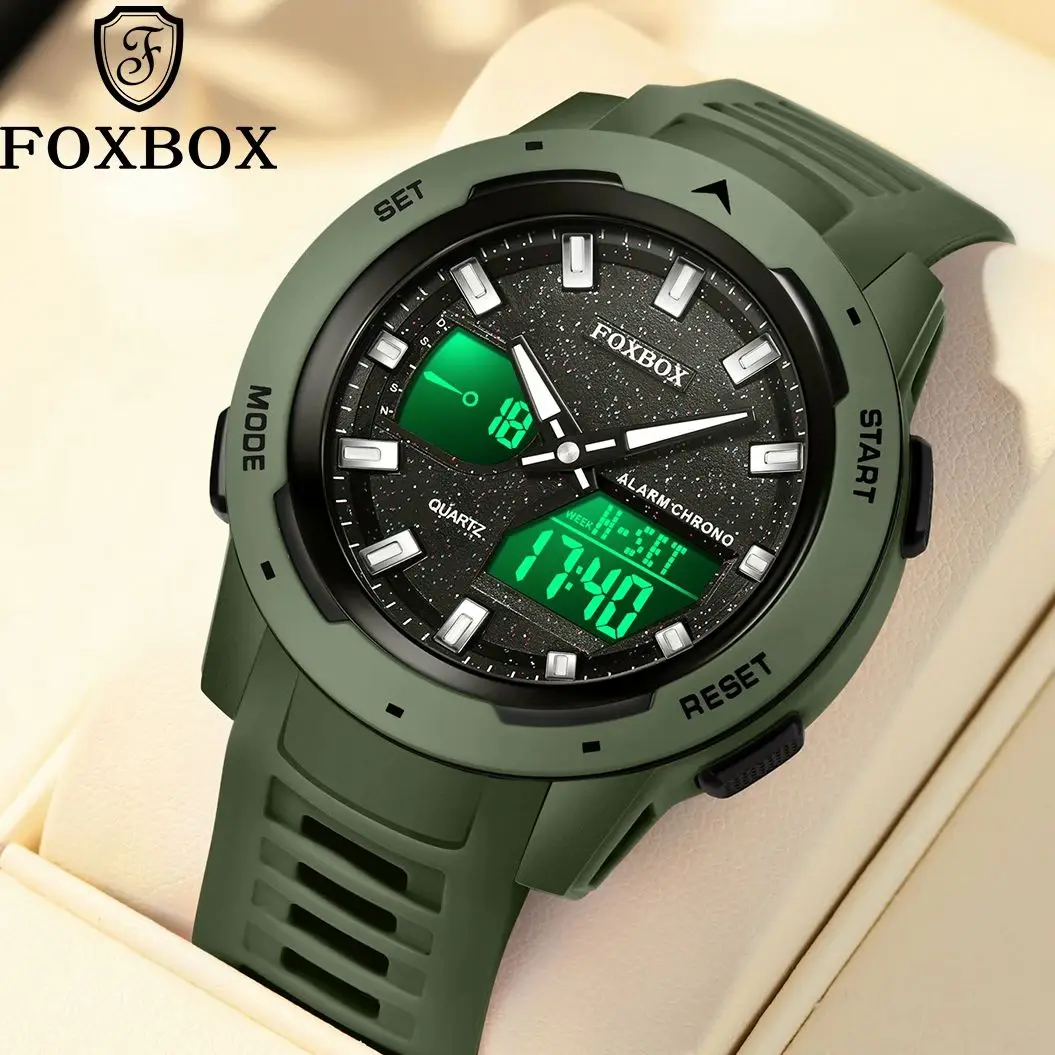 FOXBOX 2026 men's watch LED luminous military watches men sports mens watch alarm clock dual display quartz Relogio Masculino