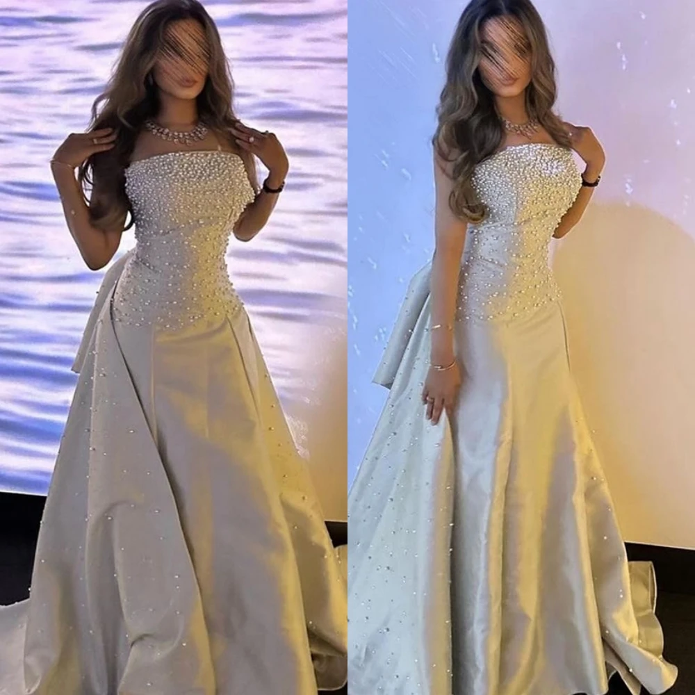 Vestido de noche de satén exquisito personalizado, elegante, sin mangas, vestidos de graduación, perlas de alta calidad, vestidos para ocasiones especiales