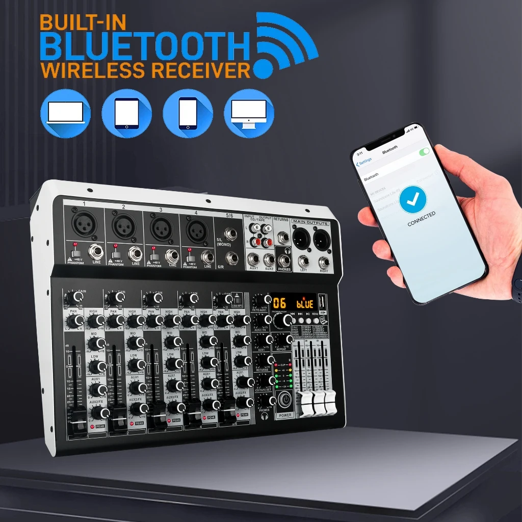 Audio Mixer 6-Channel with Bluetooth USB 16DSP Reverb for Microphone Amplifier Speaker Karaoke