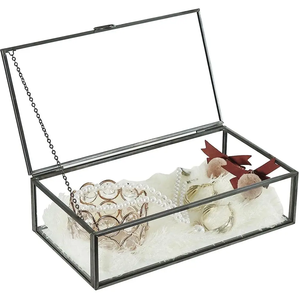 

Винтажная стеклянная коробка с крышкой - Прозрачная стеклянная витрина-шкатулка для хранения - Декоративная коробка для дома или для украшений (кольца, браслеты) (черная)