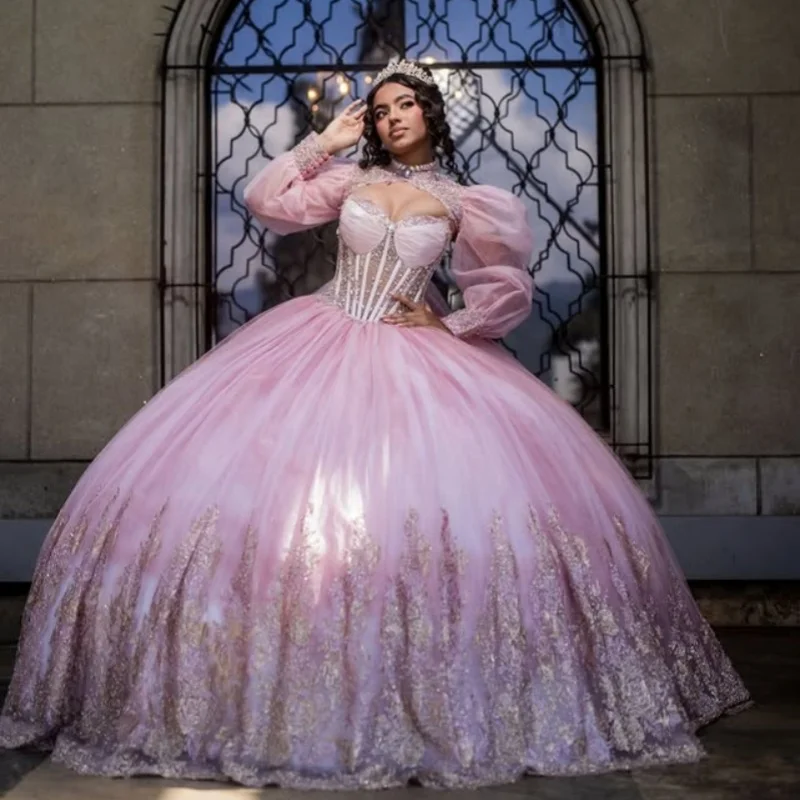 

Shiny Pink Quinceanera Dress off-shoulder Glitter Crystal Bead Decal 3D flower Long tail vestidos de 15 Quinceanera ﻿Customize